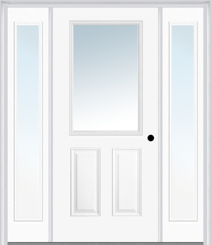 MMI 1/2 LITE 2 PANEL 3'0" X 6'8" FIBERGLASS SMOOTH EXTERIOR PREHUNG DOOR WITH 2 FULL LITE CLEAR GLASS SIDELIGHTS 122